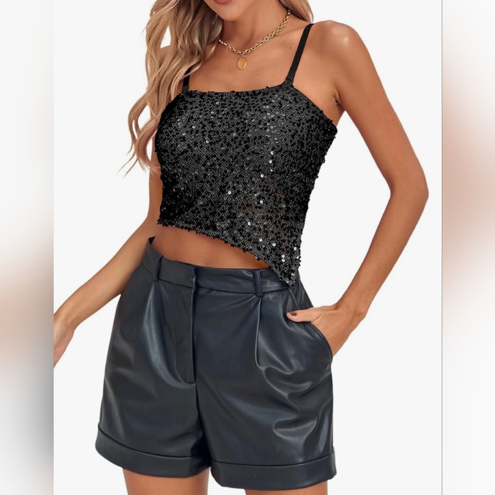 *NEW* Black Sparkly Sequin Asymetrical Spaghetti Strap Crop Top, S